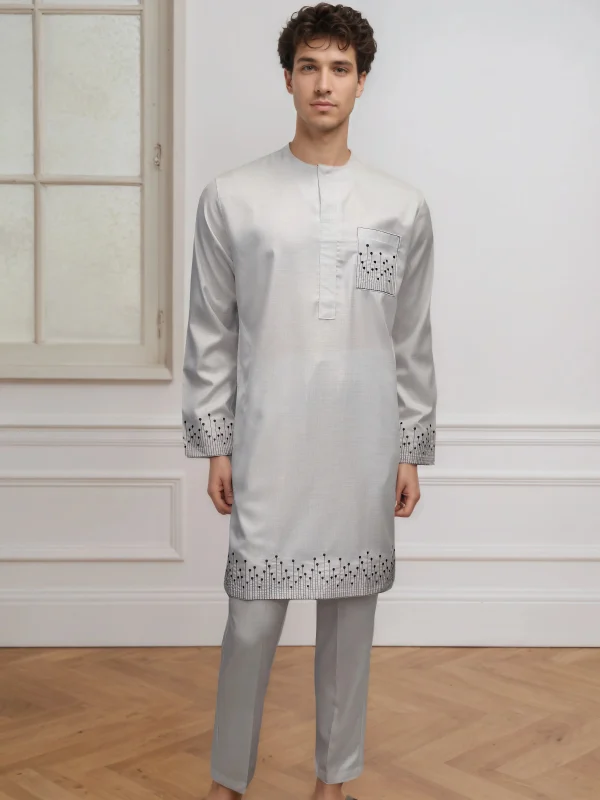 Arabo Jubba Thobe Ramadan Abbigliamento Abaya Musulmano Islamico Marocchino Africano da uomo Bella Preghiera Eid Abito Manica lunga Ricamo 2