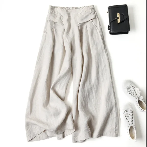 Vendita calda donna lino gamba larga pantaloni corti gonna ampia fascia elastica sottile vita dimagrante pantaloni estivi al polpaccio oversize 2