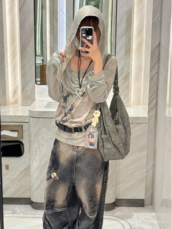 Kimotimo Punk Stampato Colletto Oscillante T-shirt con Cappuccio Donna Giapponese Vintage Allentato Manica Lunga Magliette 2025 Autunno Y2k Gotico Magliette 2