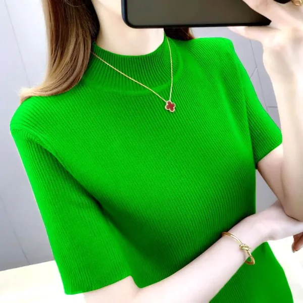 Elegante moda Harajuku Slim Fit abbigliamento femminile Casual tutto abbinato t-shirt solido dolcevita stile sottile maglioni manica corta 2