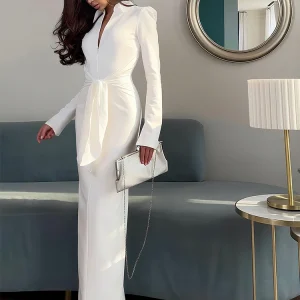Abito lungo imbottito con spalle scoperte Nibber Abito da donna sexy con fasciatura avvolta con zip Manica lunga con spacco Elegante ufficio solido Semplice aderente attillato 1
