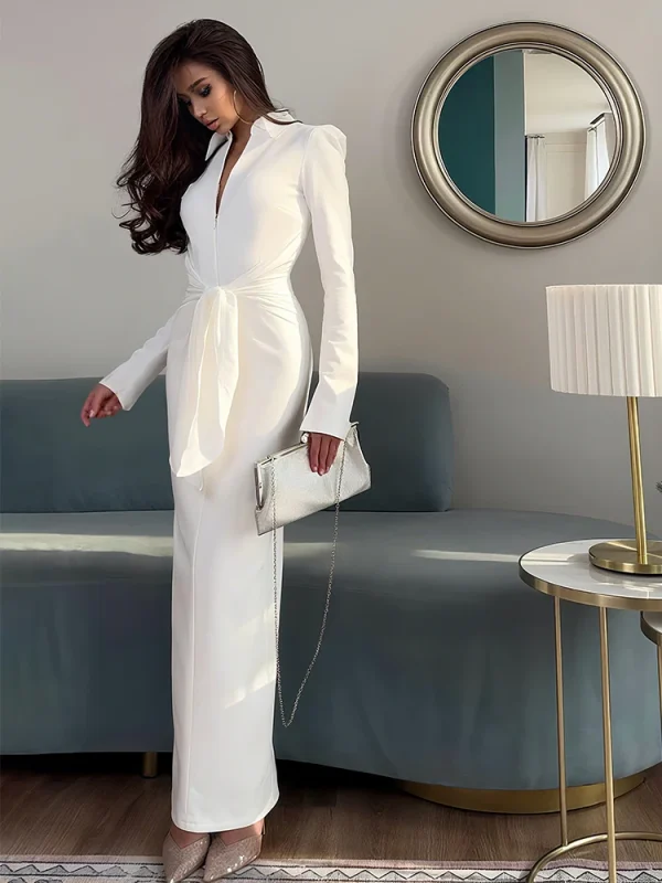 Abito lungo imbottito con spalle scoperte Nibber Abito da donna sexy con fasciatura avvolta con zip Manica lunga con spacco Elegante ufficio solido Semplice aderente attillato 1