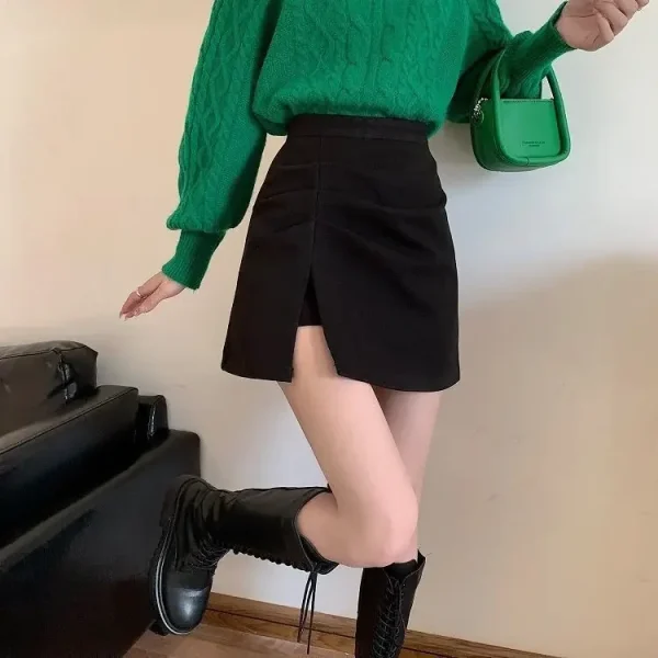 Minigonna a linea A a vita alta per donna Gonna corta asimmetrica a pieghe di lana Maglione autunno inverno abbinato taglie forti 4