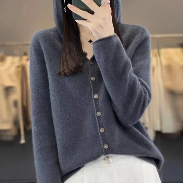 Cardigan lavorato a maglia in lana merino 100% prima linea Felpa con cappuccio autunno e inverno da donna Maglione allentato Cappotto versatile alla moda Top YC014 6