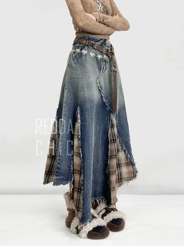 REDDACHiC Gonna di jeans scozzese patchwork irregolare Donna Do Old Gradient Overlay Vita Maxi Gonna jeans lunga Y2k Retro Streetwear 2