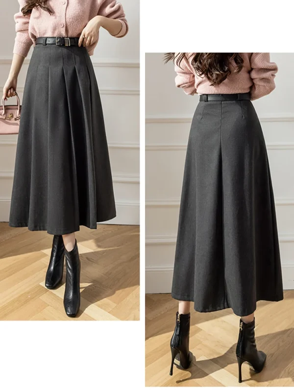 Gonna lunga a pieghe in lana invernale Moda coreana a vita alta A-line Office Maxi gonne Cintura femminile Marrone Nero Grigio Falda Plisada 4