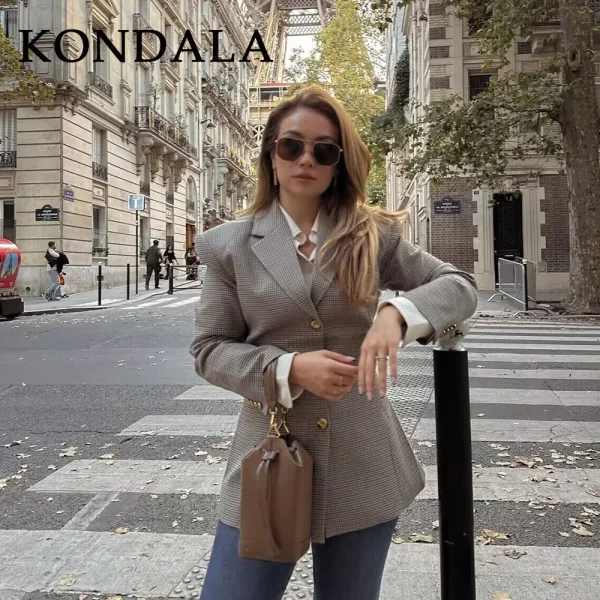 KONDALA 2025 Autunno Inverno Office Lady Pied de poule Giacca da donna Moda Vintage monopetto Elegante coprispalle Bottone Lady Blazer 4