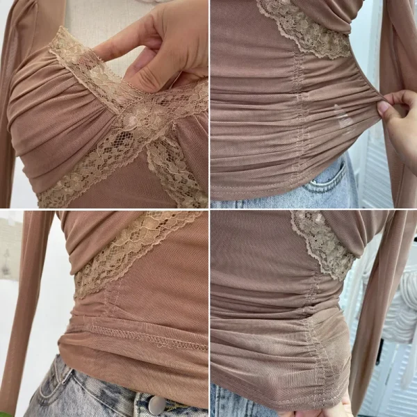 T-shirt a maniche lunghe in rete impiombata con pizzo rivelatore del seno imbottito sexy da donna T-shirt corta slim fit Y2K Top Partyclub Leisure 2673 6
