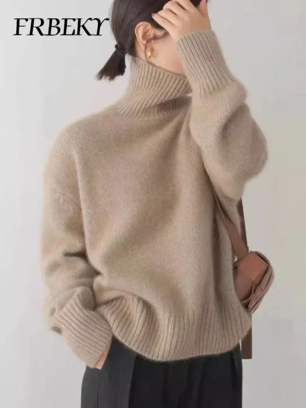 Maglione da donna autunno moda coreana collo alto maglione lavorato a maglia tinta unita maglione lavorato a maglia a maniche lunghe allentato abbigliamento femminile 4