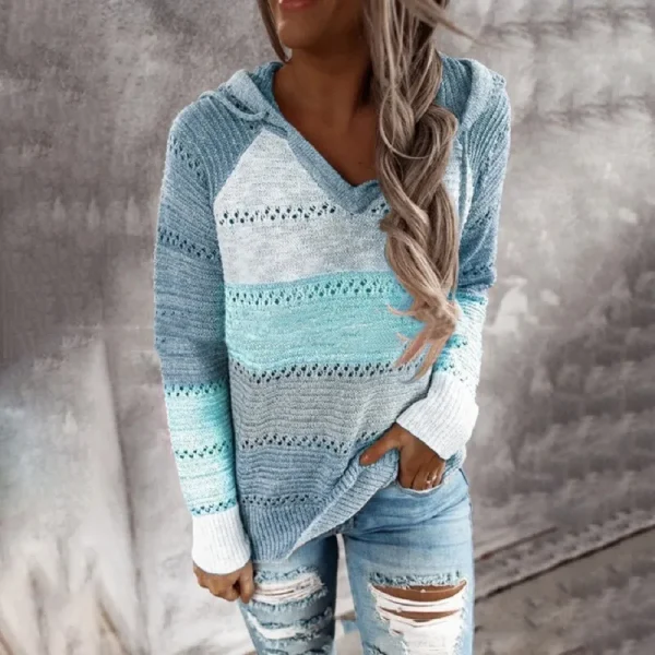 Maglione con cappuccio Patchwork da donna maglione lavorato a maglia a maniche lunghe Casual maglioni Pullover eleganti a righe autunno inverno Plus Size 2