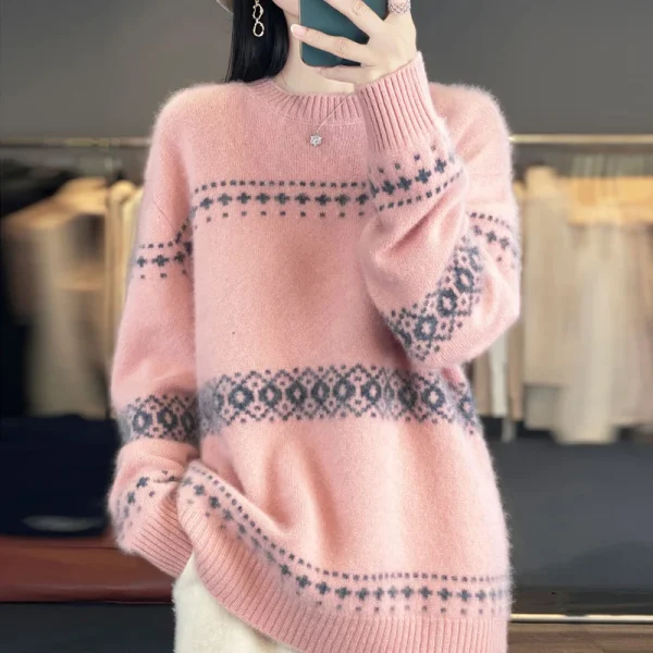 100% lana 2025 maglione lavorato a maglia da donna o-collo manica lunga caldo allentato maglioni oversize femminile inverno casual elegante vestiti da donna 4