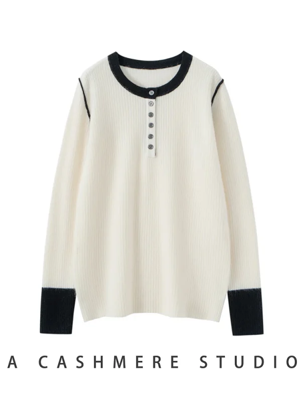 ADDONEE Maglione di Cachemire 100% da Donna O-Collo Bottoni Colletto Semplice Pullover Autunno Inverno Morbido E Confortevole Abiti di Base Maglieria 5