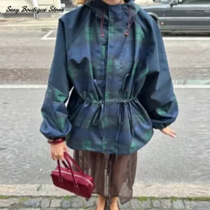 Giacca da donna allentata con griglia vintage Cappotto con colletto allentato oversize con cappuccio a maniche lunghe Capispalla con lacci 2025 New Lady Streetwears 1