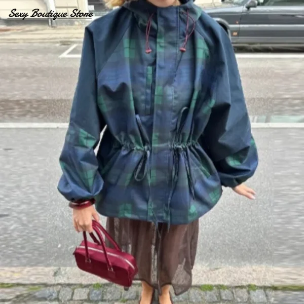 Giacca da donna allentata con griglia vintage Cappotto con colletto allentato oversize con cappuccio a maniche lunghe Capispalla con lacci 2025 New Lady Streetwears 1