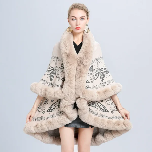 Cardigan invernale in pelliccia di volpe sintetica Poncho caldo Mantello allentato Scialle lavorato a maglia Cappotto oversize da donna Mantello spesso in tessuto jacquard a due strati 1