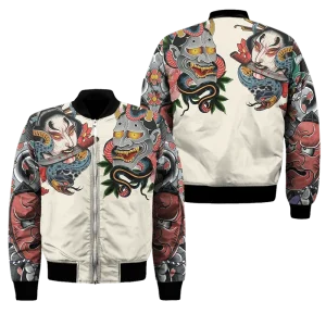 Primavera autunno Mens Bomber Jacket Samurai Oni Mask Tattoo 3D All Over stampato Zip tute Unisex Casual Zipper Jacket abbigliamento 1