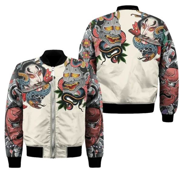 Primavera autunno Mens Bomber Jacket Samurai Oni Mask Tattoo 3D All Over stampato Zip tute Unisex Casual Zipper Jacket abbigliamento 1