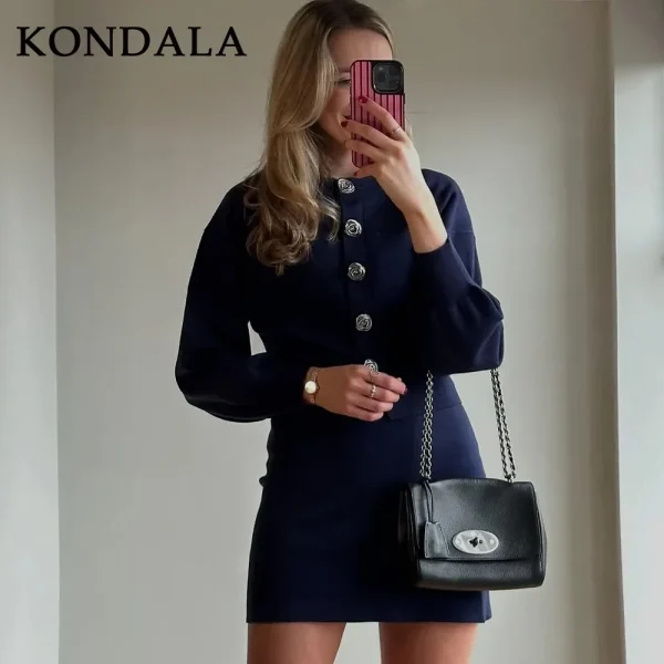 KONDALA 2025 Autunno Inverno Casual lavorato a maglia solido vestito da donna moda streetwear monopetto ONeck camicia chic gonna elastica in vita 3