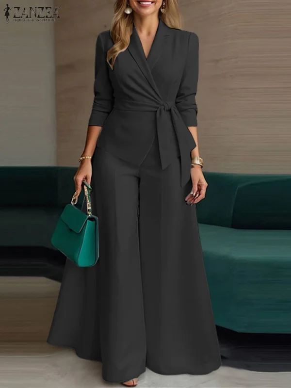 ZANZEA Elegante 2 Pezzi Set di Pantaloni a Maniche Lunghe con Cintura Giacca Leggera e Pantaloni a Gamba Larga 2 Pezzi Abiti da Ufficio Set da Pendolarismo da Donna 2