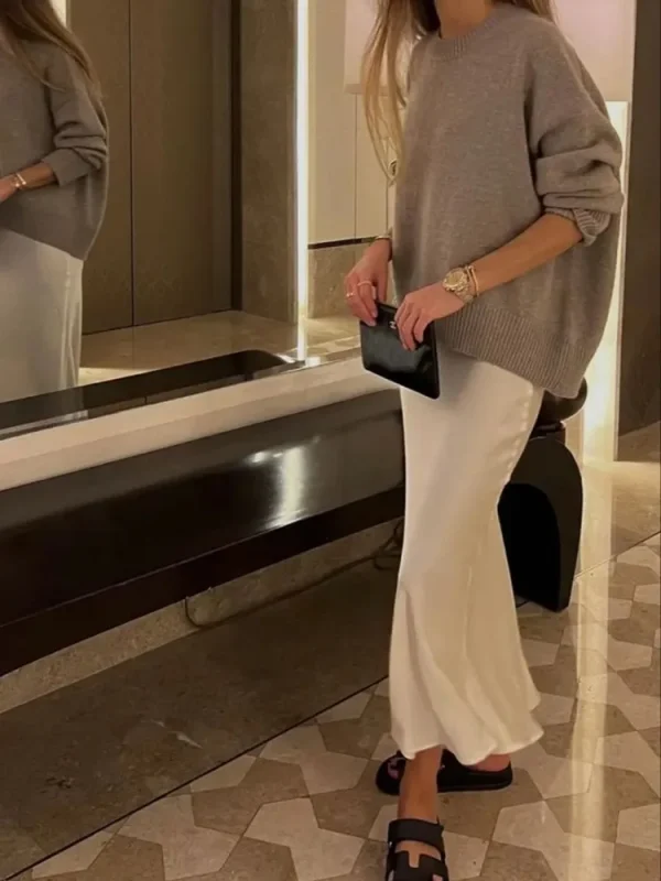 MUJER Donna 2025 Gonna in raso Donna Gonne lunghe a vita alta per le donne Estate Gonna longuette nera Donna Ufficio Gonne da donna eleganti 3