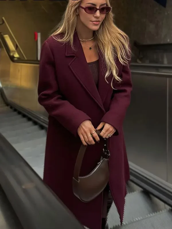 HH Cappotto di lana bordeaux moda donna doppio petto manica lunga bavero misto giacca autunno inverno capispalla High Street 3