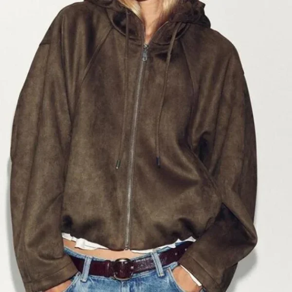 Giacca da pilota con cappuccio da donna Cappotto con cerniera calda con superficie in pelle scamosciata Top casual con cappuccio alla moda a maniche lunghe e vestibilità ampia 6