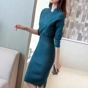 Abito lavorato a maglia con scollo a V ispessito Donna Autunno Inverno Abito senza maniche con personalità vintage Abito con braccio avvolgente Abito lungo midi 1