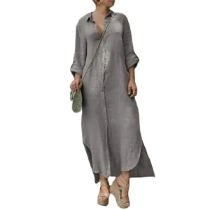Abiti da donna comodi e casual in cotone e lino Abito cardigan monopetto con risvolto Abito da pendolare quotidiano a maniche lunghe primavera autunno 1