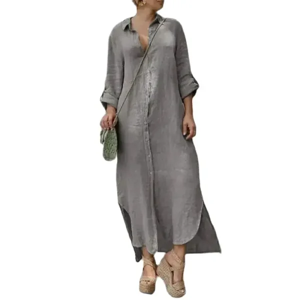 Abiti da donna comodi e casual in cotone e lino Abito cardigan monopetto con risvolto Abito da pendolare quotidiano a maniche lunghe primavera autunno 1
