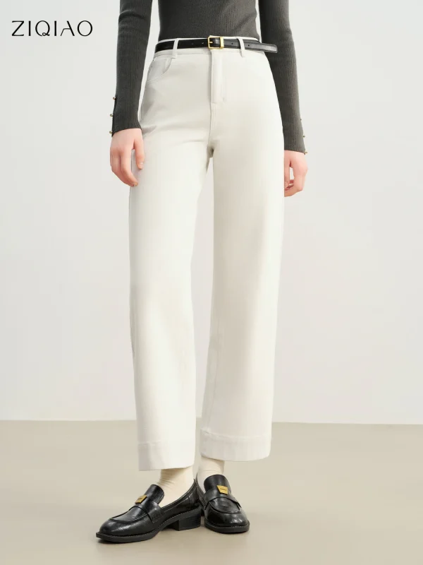 ZIQIAO 2025 Autunno/Inverno Nuovo Arrivo Elastico Bianco Faux Denim a Vita Alta Gamba Dritta Ritagliata Pantaloni Casual per Le Donne Petite 1