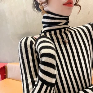 Autunno Inverno Elegante All-match Pullover in maglia a righe Abbigliamento donna Moda Slim Dolcevita a maniche lunghe Pullover Lady Y2k Top 1