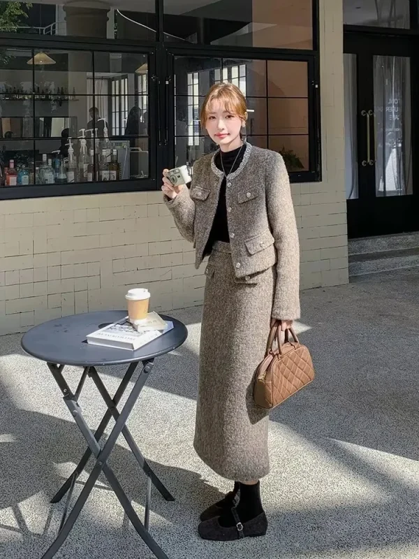 UNXX Elegante stile classico di lana giù giacca a maniche lunghe gonna abiti autunno/inverno 2025 retrò set a due pezzi donna ufficio signora 4