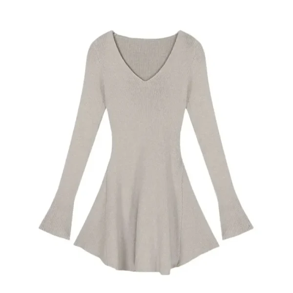 Abito lavorato a maglia a maniche lunghe con scollo a V verde oliva Gonna corta a trapezio dimagrante Donna Autunno Inverno Nuovo stile Vita impero alla moda 5