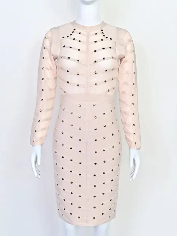 BEAUKEY Abito da sera sexy beige con rivetti tempestati di maglia con borchie Prospettiva da donna Abito trasparente aderente a maniche lunghe XXL Vestido 5