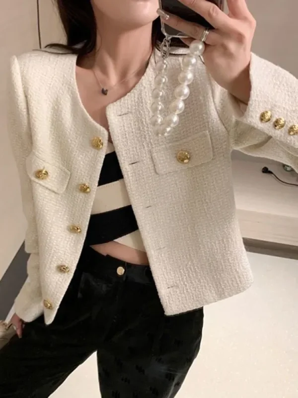 Semplice solido inghilterra giacca di Tweed donna bottoni eleganti manica lunga cappotto dolce Casual O collo moda sciolto autunno inverno Top 2