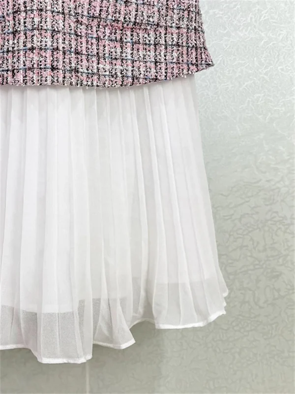 Abito da donna elegante finto in due pezzi patchwork di tweed a pieghe senza maniche colletto rovesciato mini vestaglia di lusso da donna con fasce 6