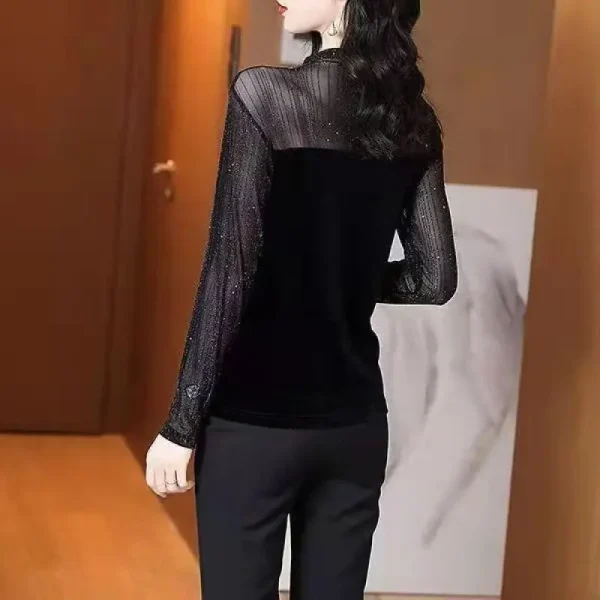 Top a maniche lunghe slim autunno inverno in pizzo Nuovo temperamento a rete T-shirt base a collo alto alla moda 4