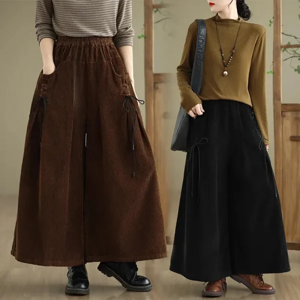 Pantaloni a gamba larga in velluto a coste Primavera Autunno da donna Pantaloni larghi taglie forti Culottes Tasca alla moda Gonna pantalone in vita elastica Donna 6