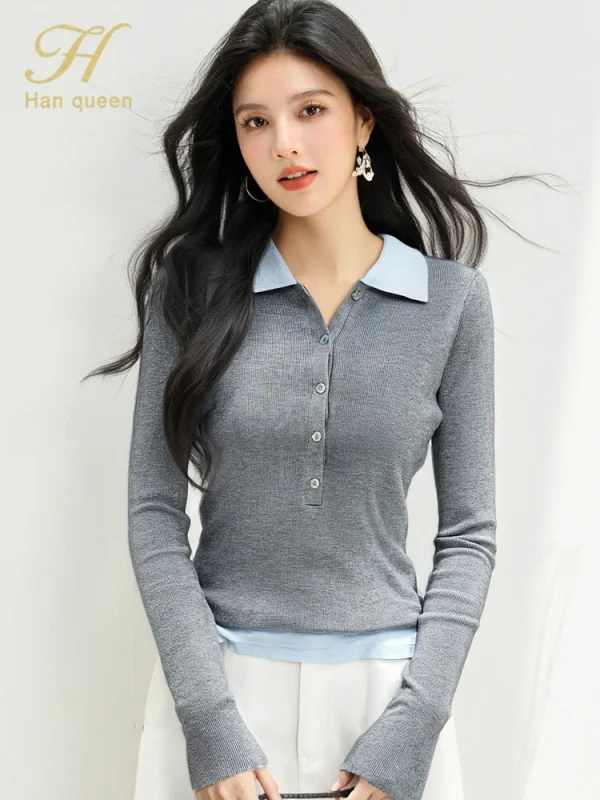 H Han Queen 2025 Abiti autunnali di base Pullover Maglione da donna semplice Elasticità elegante Top da donna casual coreano a maniche lunghe 1