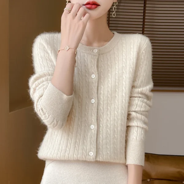 Autunno Inverno O-Collo Donna 100% maglione di lana merino Nuovo cardigan lavorato a maglia a trecce casual Top donna maglione di cashmere 6