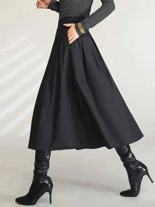LOUIS YAO Gonne longuette nere eleganti da donna 2024 Vita alta Pendolarismo Casual Una linea Ombrello Gonna lunga con spacco e tasche 3