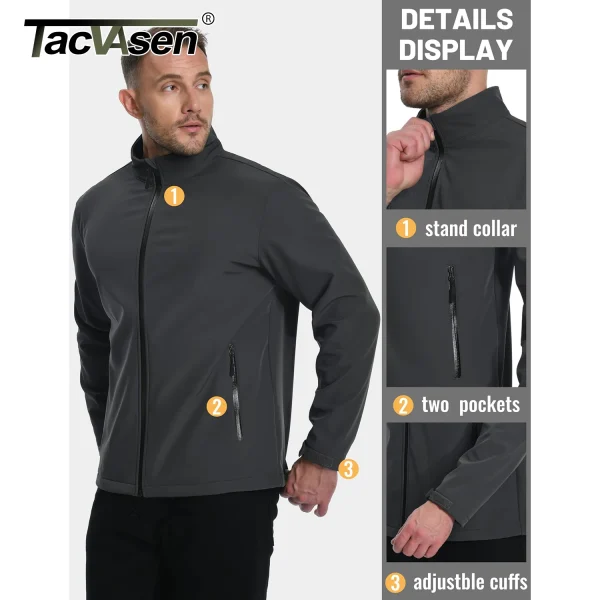 TACVASEN Giacca Softshell foderata in pile Giacca antipioggia da uomo con zip intera Giacca da lavoro all'aperto Primavera Trekking Escursionismo Giacca a vento da uomo 3