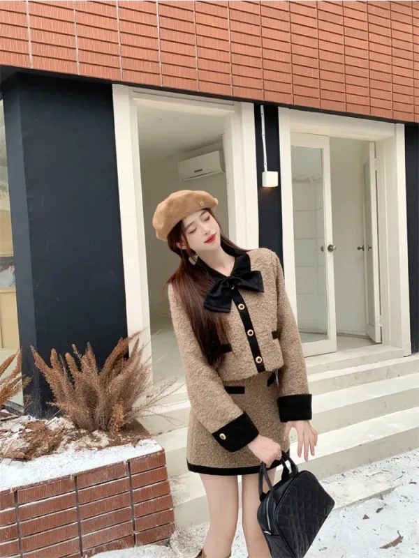 UNXX Elegante Papillon Set a due pezzi Donna Autunno Inverno Nuovo Colore a contrasto Giacca corta Gonna a vita alta Set da donna da ufficio femminile 4