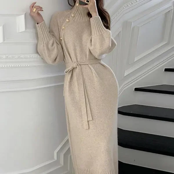 Abiti vintage chic autunno inverno donna dolcevita solido fasciatura con bottoni moda manica lunga ampia abito dritto lavorato a maglia 2