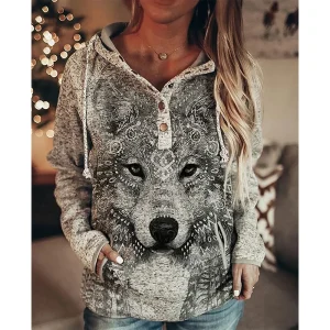 Felpa con cappuccio lupo Moda donna Felpe oversize Felpe vintage Cappotto da ragazza Felpa da donna Cappotto Pullover con cappuccio Tuta da gufo Autunno 1