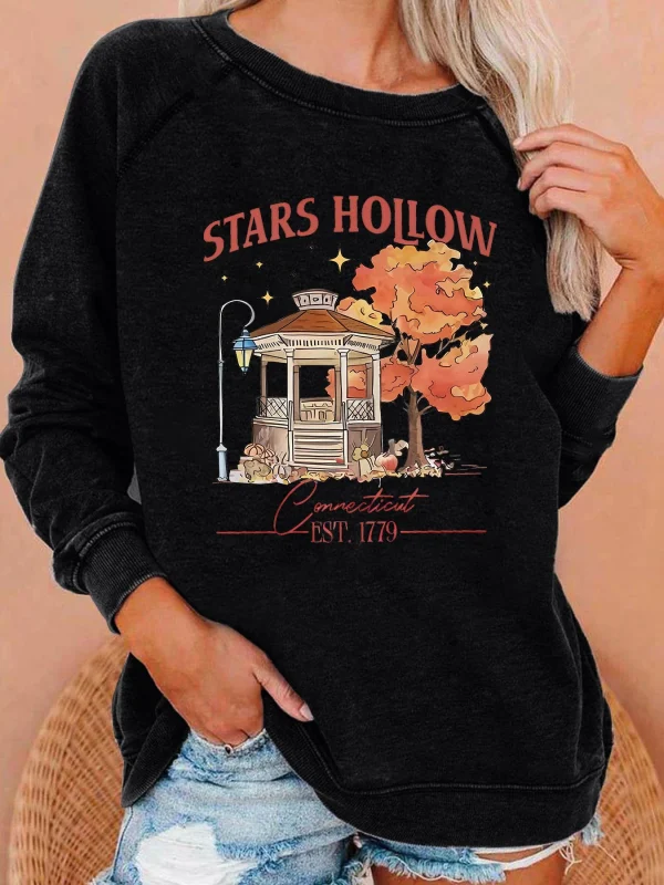 Stelle Hollow Fashion Autunno Garden Stampa Felpa da donna Manica lunga Spalla raglan Top casual Abbigliamento da donna per l'autunno e l'inverno 2
