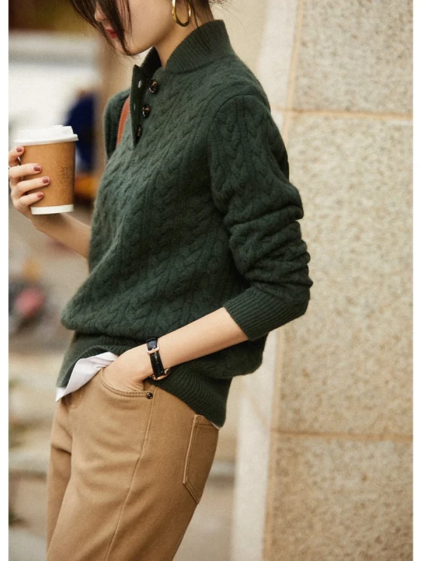 Pullover lavorato a maglia Top maglione, colletto rialzato, risvolto semiaperto, trama intrecciata, puro Cashmere, Baseball, elegante 2