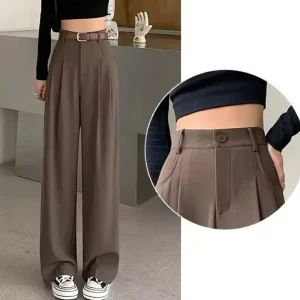 Pantaloni da abito eleganti drappeggiati a gamba larga Pantaloni da donna a vita alta dritti casual lunghi fino al pavimento Primavera Autunno Nuovo stile 1