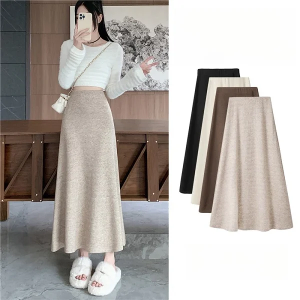 Autunno Inverno Vintage di Lana delle Donne A-line Gonne 2025 Nuova Vita Alta Solido Coreano Casual Allentato Ombrello Gonna Lunga Femminile 2