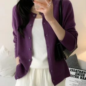 100% lana merino maglieria autunno inverno Grace tinta unita Nozioni di base cardigan morbido caldo casual maglione con o-collo donna abbigliamento top 1